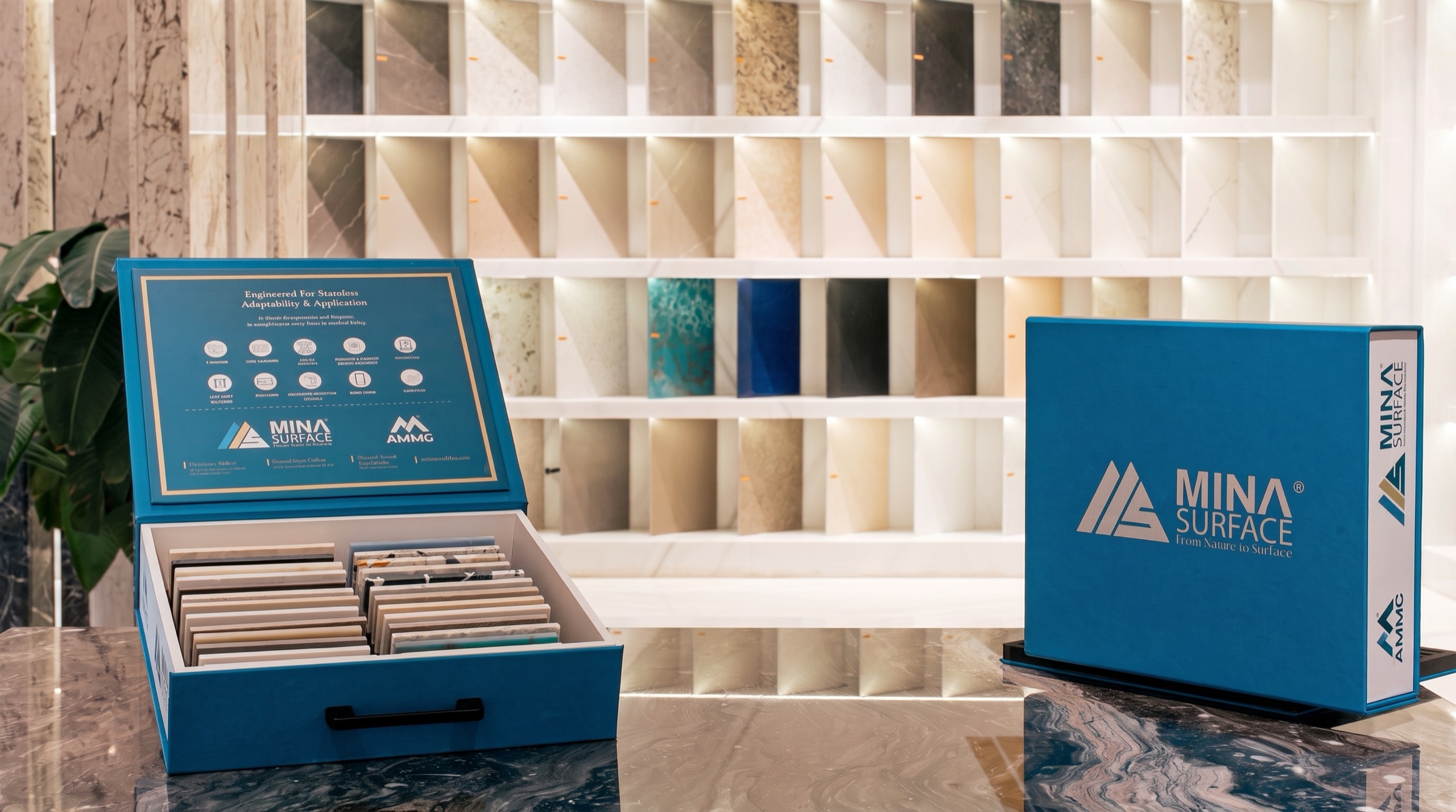 Mina Surface sample boxes open on a marble counter in the Sharjah showroom, backlit sample wall behind