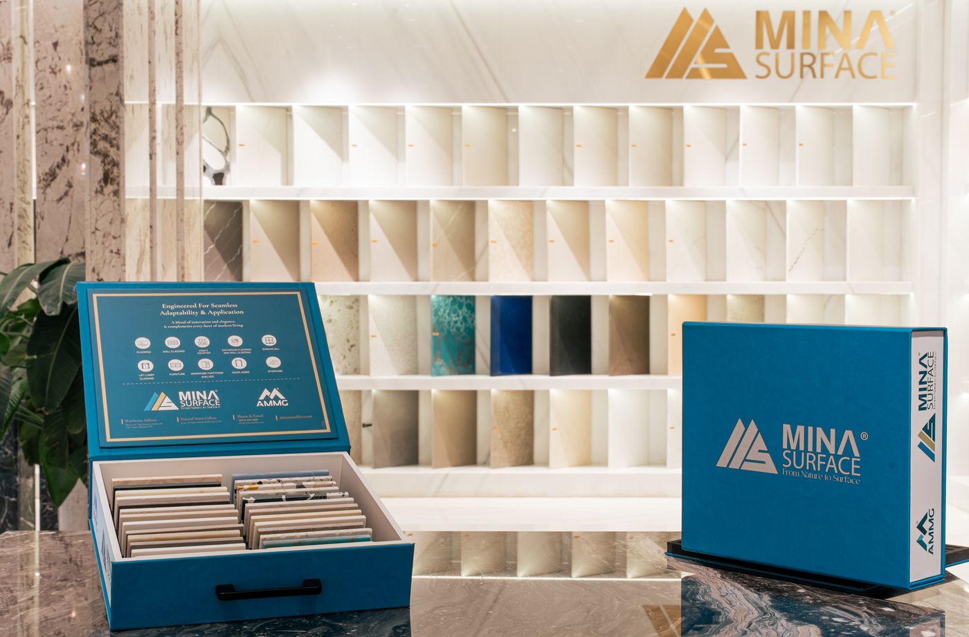 Marble gallery with backlit sample library and a consultation display