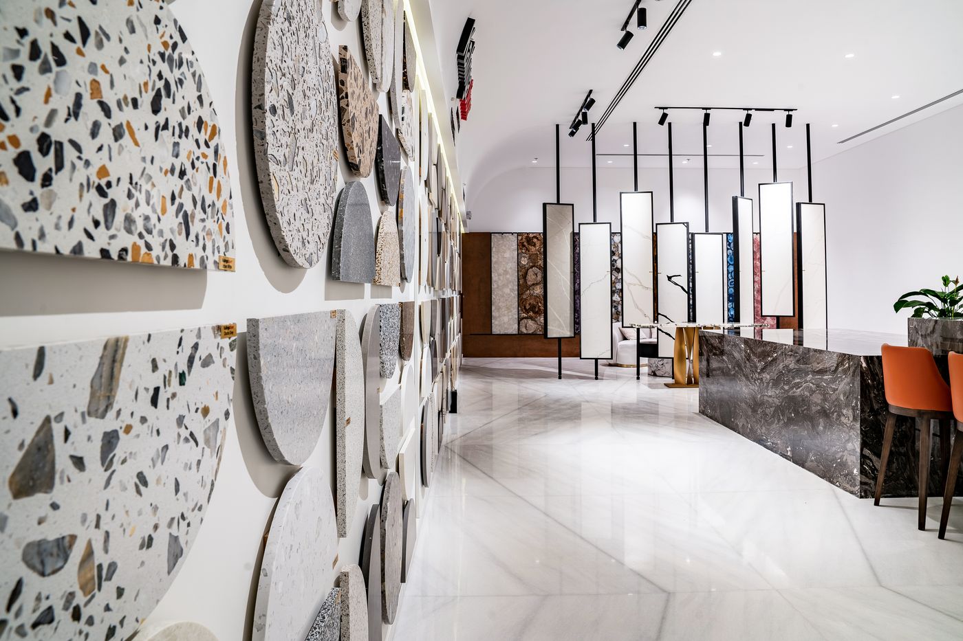 Terrazzo sample wall and terrazzo flooring in the gallery