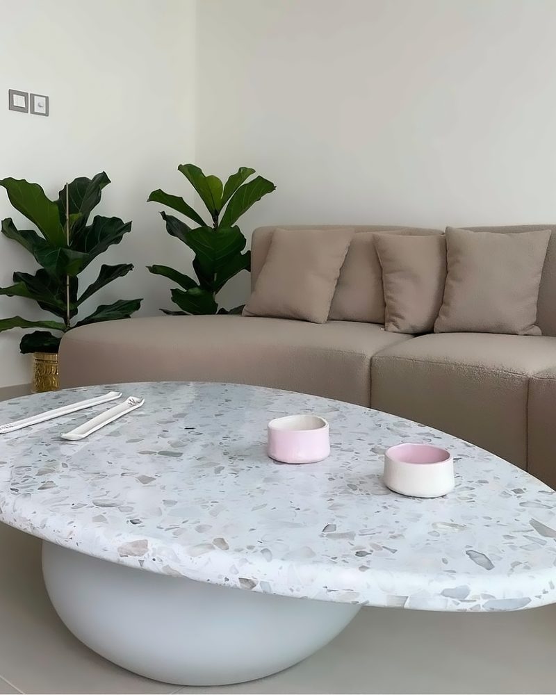 Bespoke oval Classic Crystal terrazzo coffee table by Mina Surface in a private residence, Business Bay, Dubai