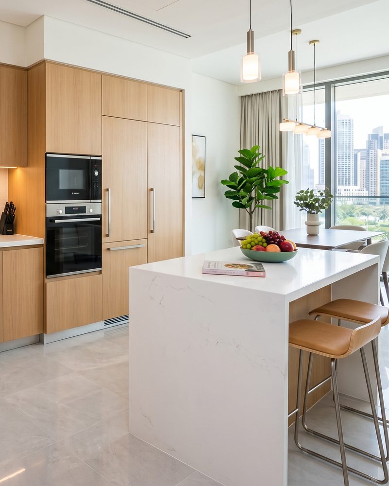 Residence kitchen with a white quartz waterfall island supplied by Mina Surface, Sobha development, Dubai